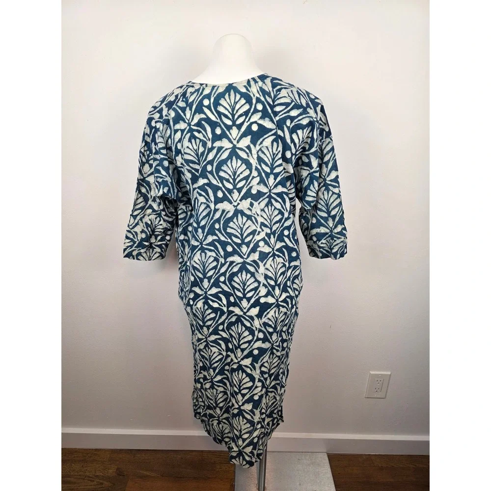 Anokhi Indigo Blue Cotton Block Print Pintuck Tunic Dress S/M Made in India
